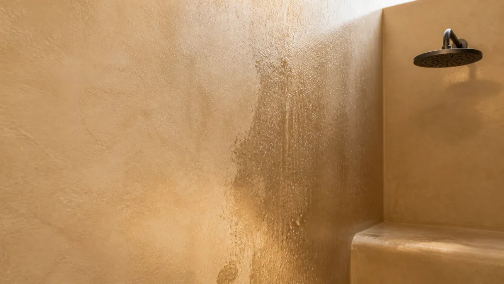 Warm tadelakt shower wall transitioning naturally from dry satin plaster to darker damp plaster with fine water beads