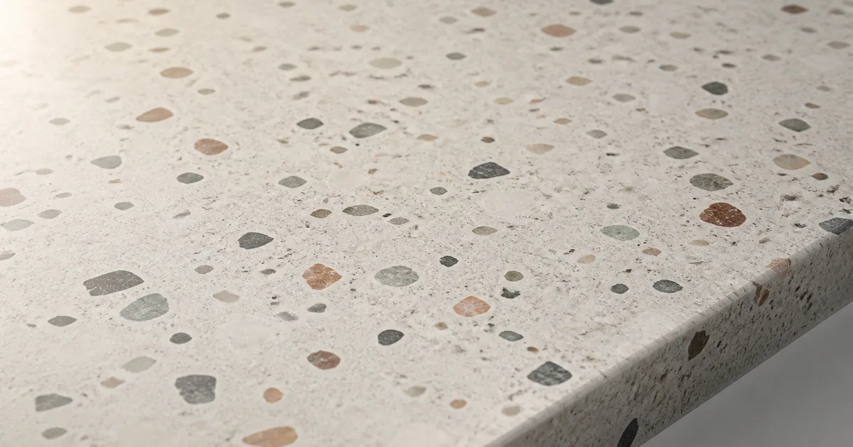 Warm white honed terrazzo slab with muted stone aggregate viewed under soft grazing light