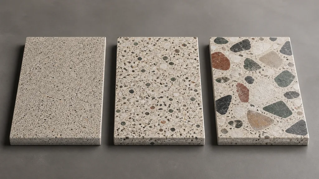 Three terrazzo sample panels with fine, mixed, and large aggregate distributions