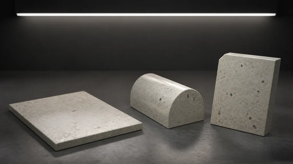 Terrazzo material applied to flat, curved, and upright test forms under one long area light