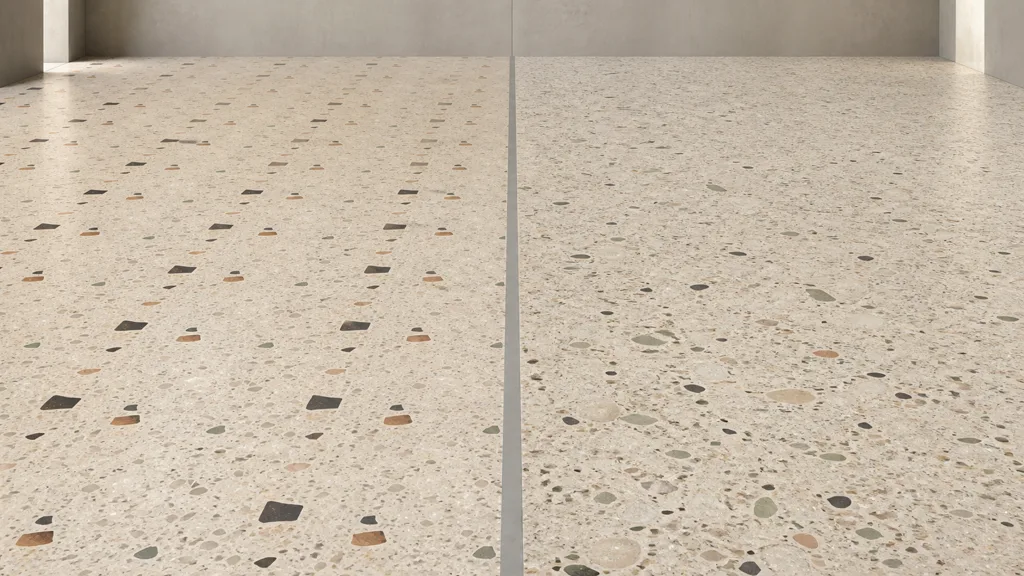 Two broad terrazzo floors comparing repeated aggregate landmarks with a varied natural distribution
