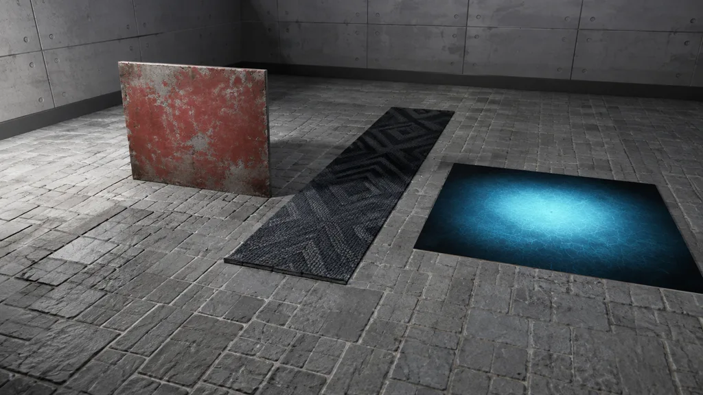Material test room with repeating stone floor, clamped red decal, mirrored dark strip, and bordered cyan lookup plane