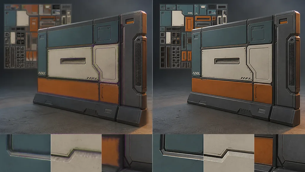 Two sci-fi wall panels comparing colored mip bleed from a tight texture atlas with clean padded atlas edges