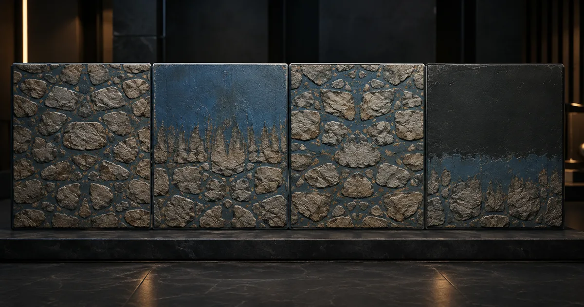 Four stone material panels showing repeated, edge-stretched, mirrored, and dark-border texture behavior