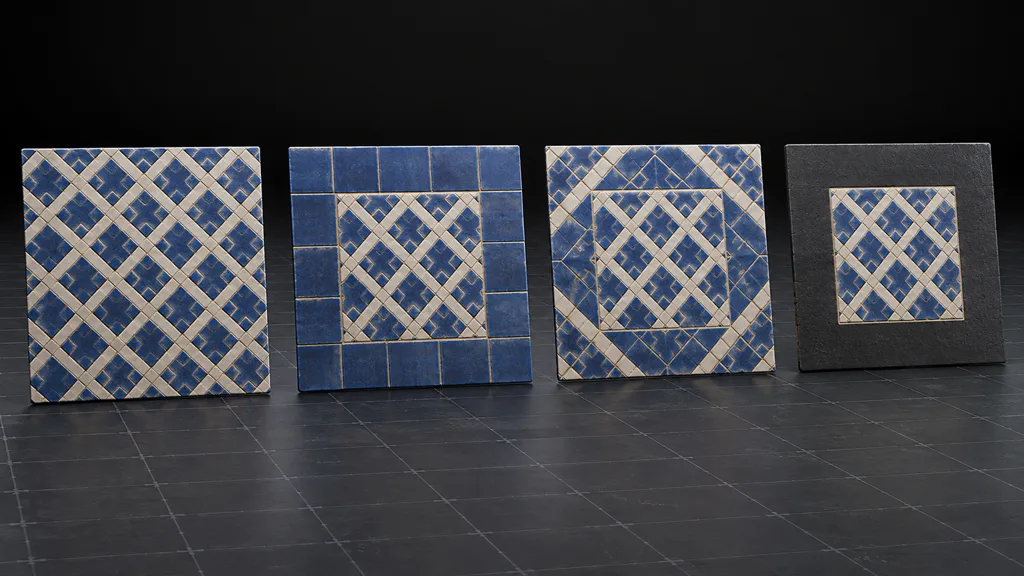 Four blue ceramic test planes demonstrating repeat, clamp, mirrored repeat, and constant border sampling