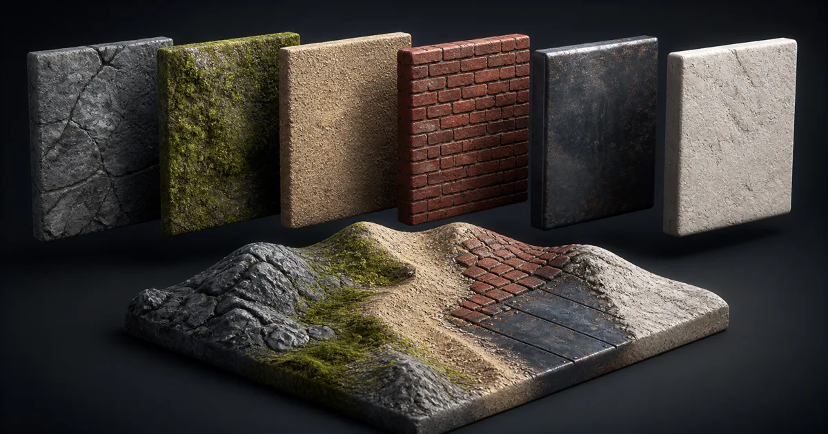 Six equal-size material slices above a terrain patch that uses rock, moss, sand, brick, metal, and plaster