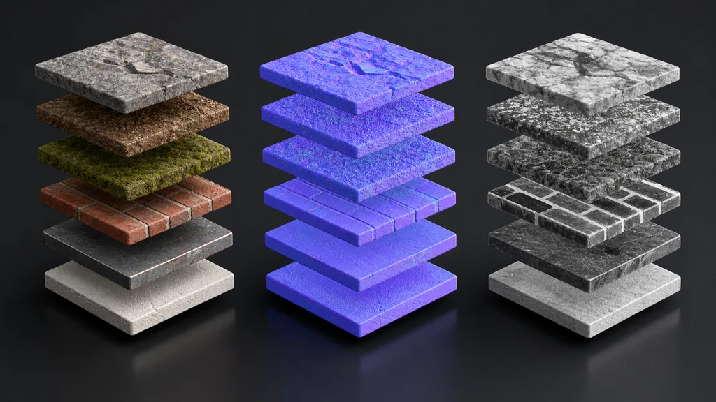 Aligned stacks of base-color, tangent-space normal, and grayscale mask slices in matching material order