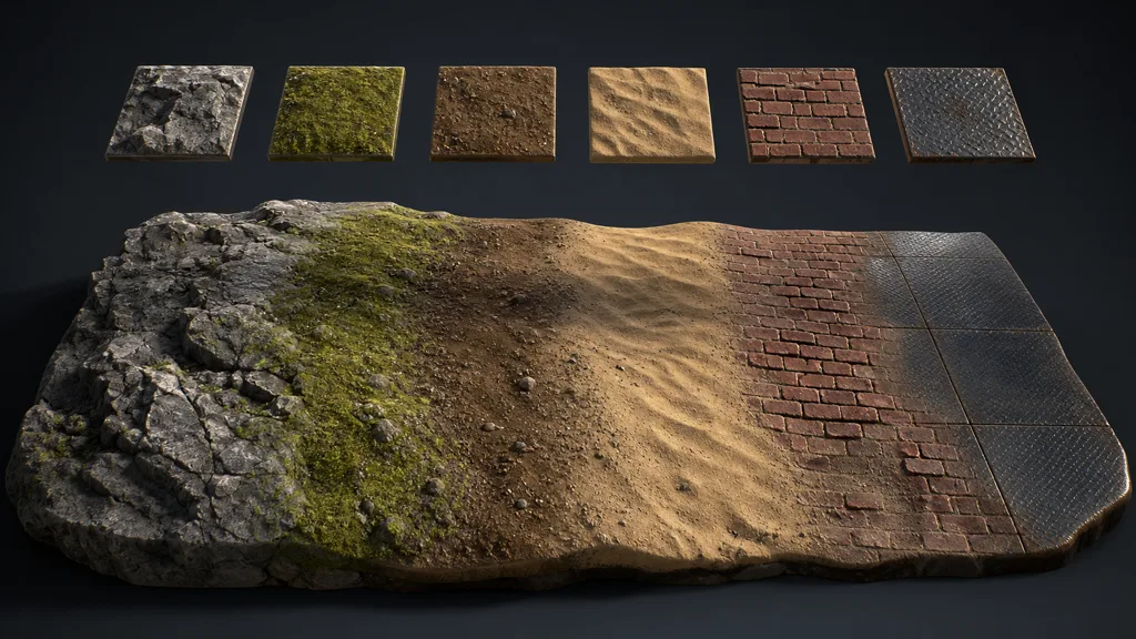 One terrain mesh transitioning among rock, moss, soil, sand, brick, and metal selected from matching material slices