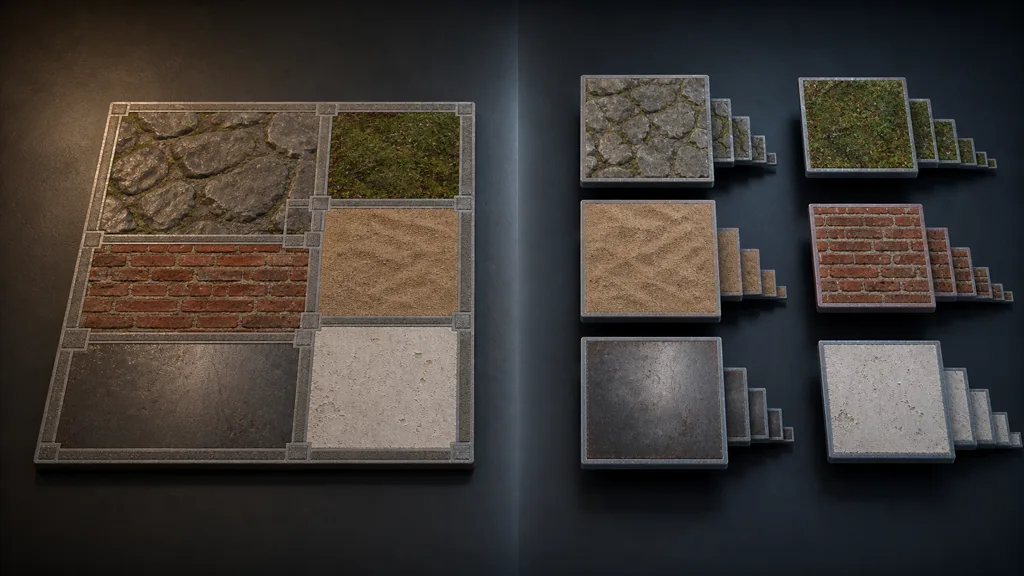 One padded texture atlas beside six independent equal-size texture slices with separate mip chains