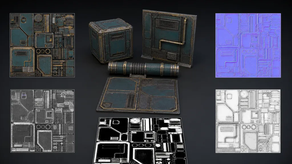 Modular sci-fi props surrounded by aligned base-colour, normal, roughness, metalness, and ambient-occlusion atlas sheets