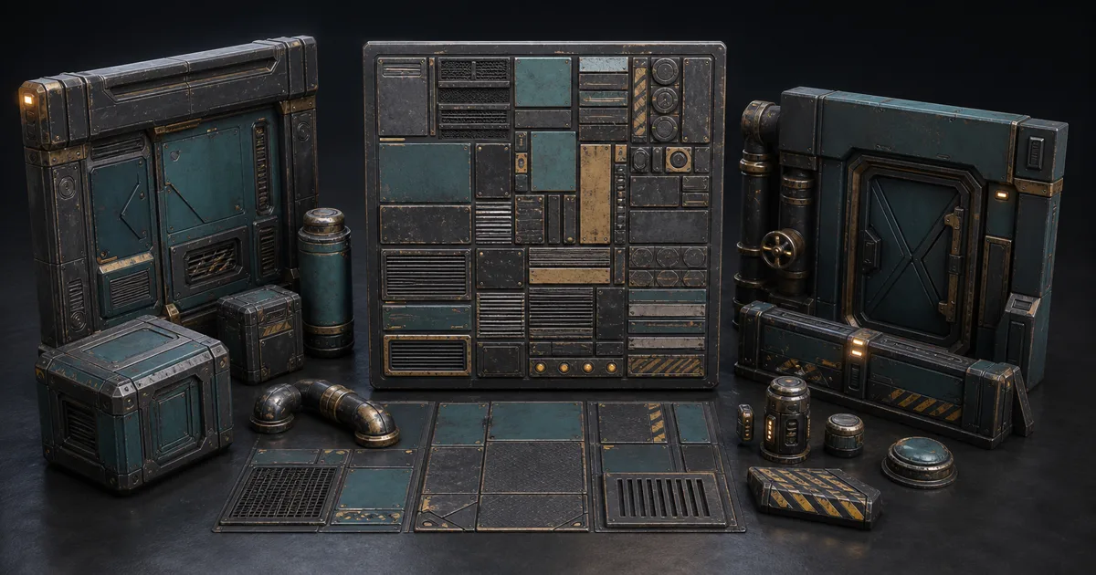 Modular sci-fi wall panels, crates, pipes, and floor pieces arranged around one coordinated material atlas