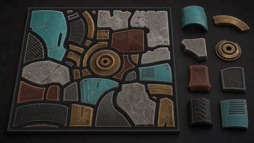 Irregular teal metal, brass, rubber, leather, mesh, and stone regions packed into an atlas beside matching prop pieces