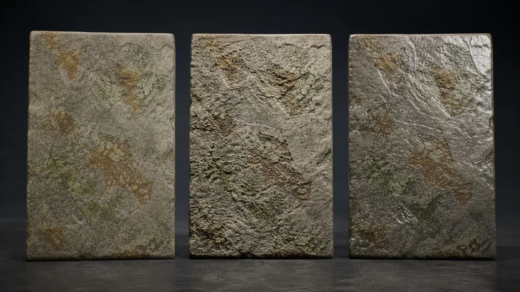 Three matching stone slabs showing aligned color variation, surface relief, and roughness response under controlled studio light