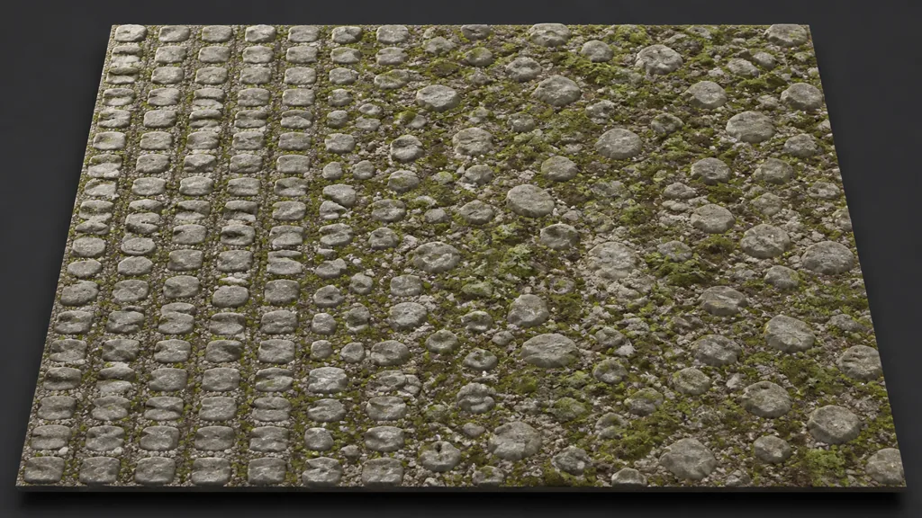 Oblique material test plane transitioning from regular rows of repeated stones into irregularly offset and scaled stone placement