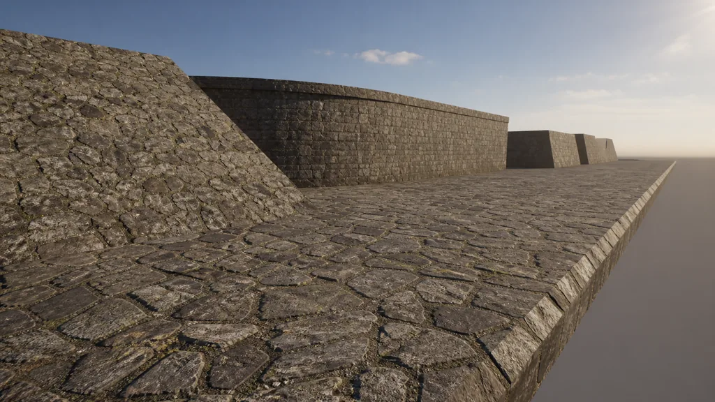 Long stone material test strip covering ground, slope, curved wall, and beveled blocks from foreground to far distance