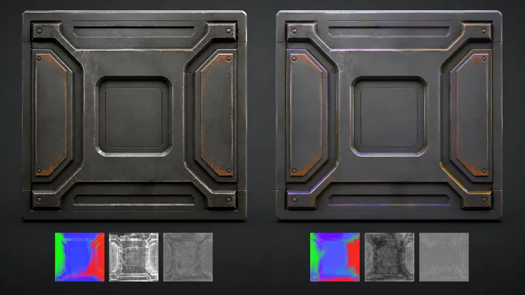 Two matching metal panels showing correct channel packing and incorrect glossy color-bleeding material response