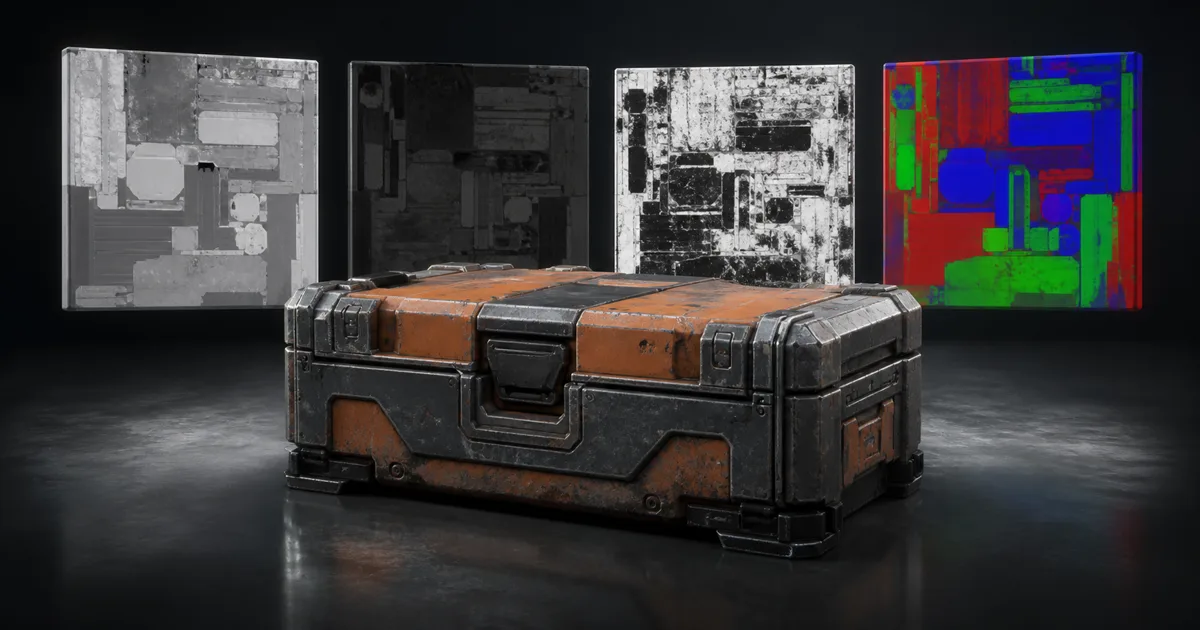 Worn industrial crate in front of three grayscale material masks and one RGB channel-packed texture