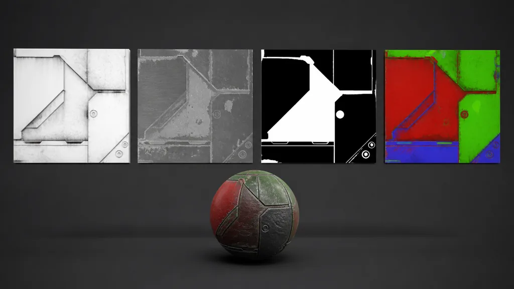 Three grayscale material masks, one RGB composite map, and a finished material sphere