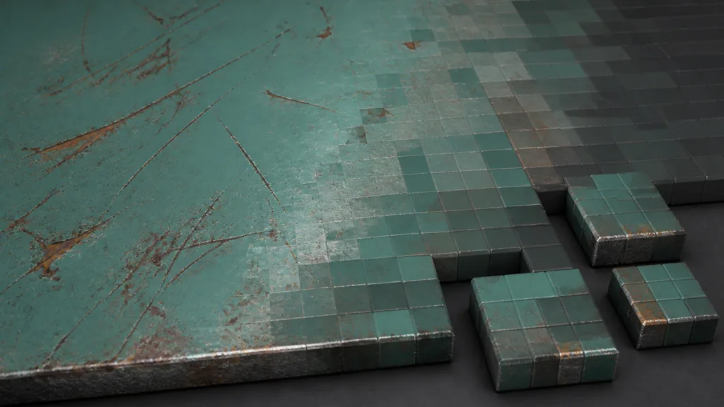 A continuous weathered teal metal surface transitioning into enlarged square compression blocks