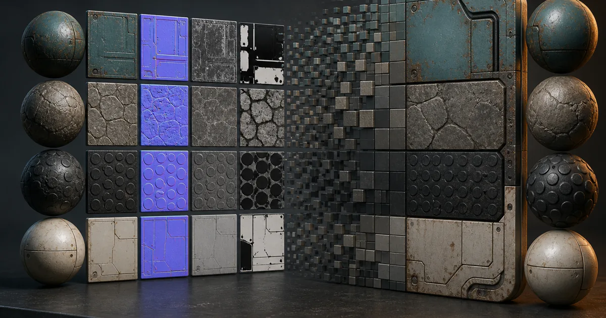 Coordinated material maps and rendered spheres passing through a field of square GPU compression blocks