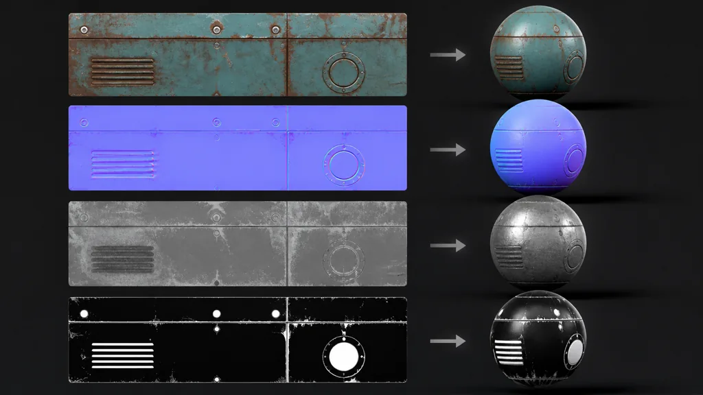 Four aligned base-color, normal, roughness, and mask textures flowing into matching material spheres