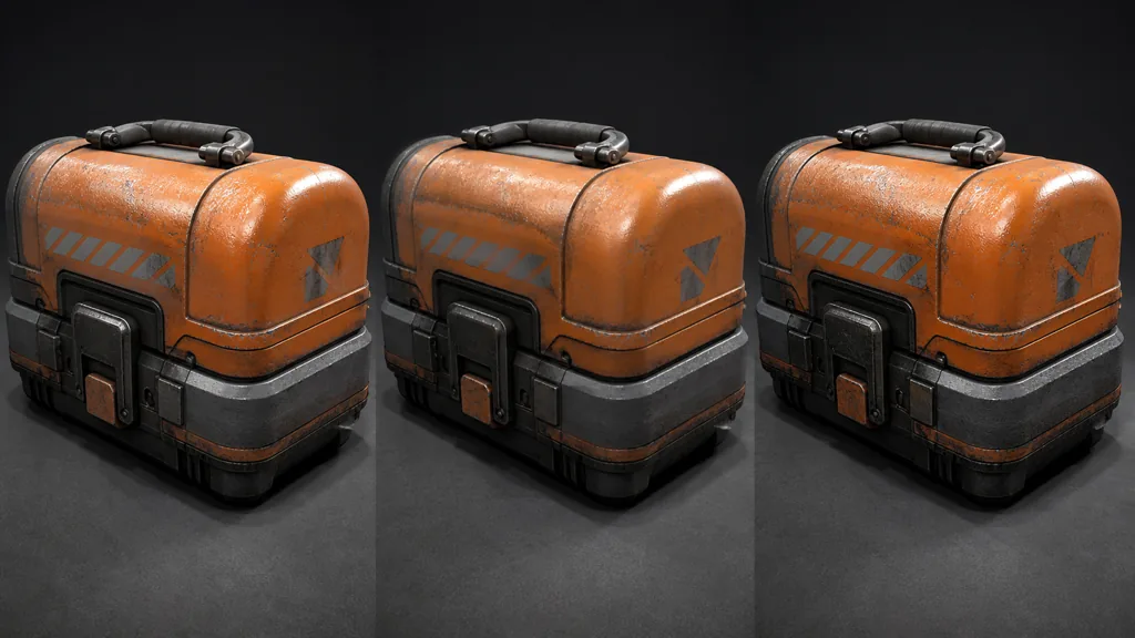 Three matching orange game props showing clean, over-compressed, and corrected material detail