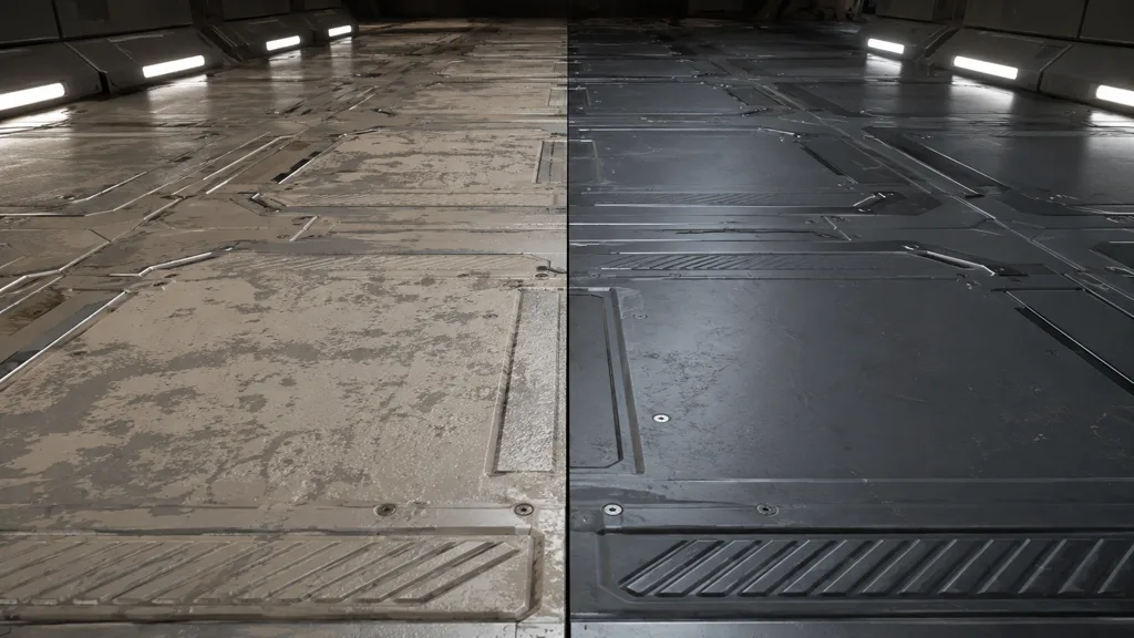 Low-angle sci-fi floor comparison with broken material continuity beside precisely aligned panels