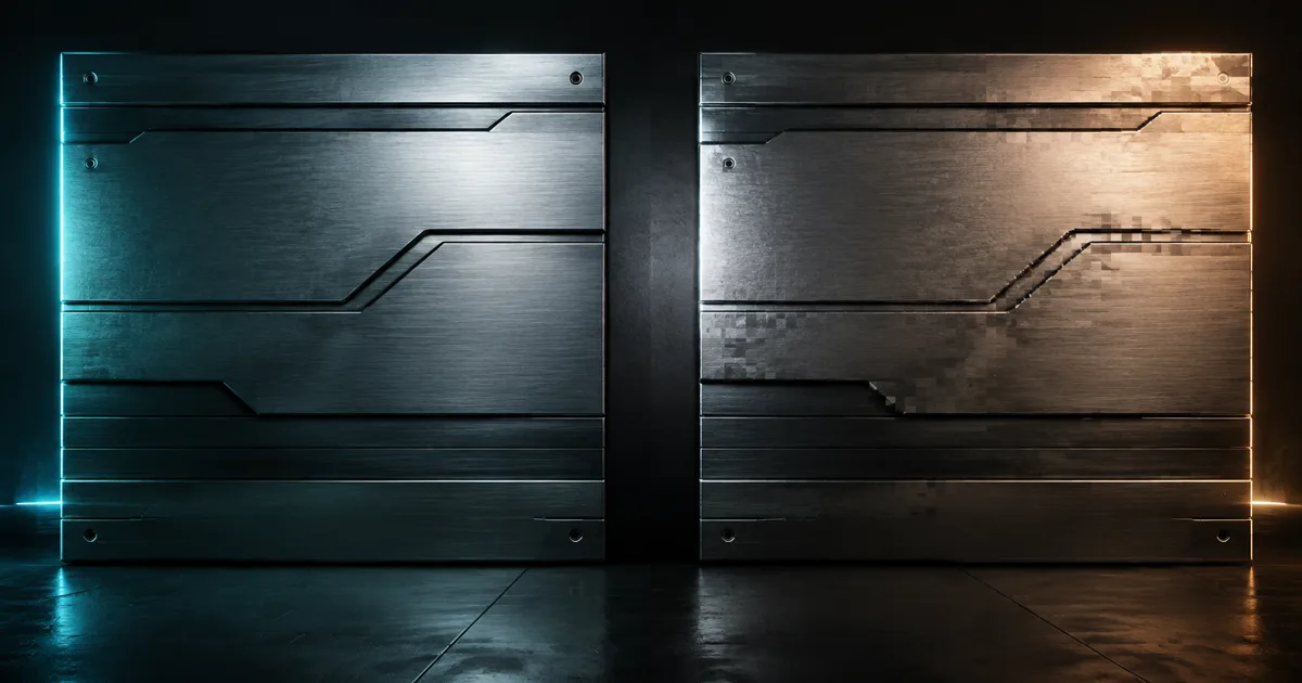 Two matching brushed-metal wall panels comparing stable detail with stepped and offset texture sampling