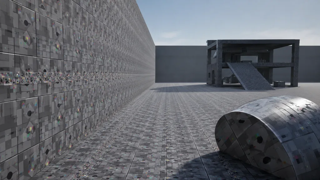 Large material test yard with long tiled floor, scaled wall, curved prop, and distant modular structure