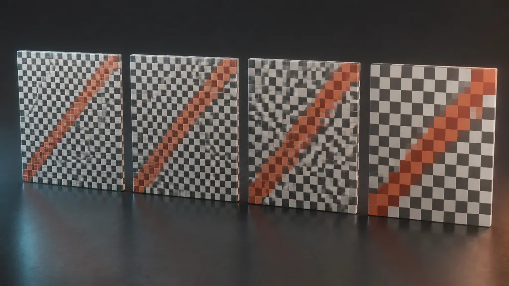 Four ceramic checker panels showing progressively coarser and more distorted UV sampling