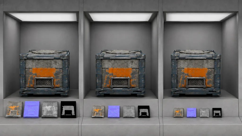 The same worn stone and painted-metal crate rendered consistently in three neutral platform test bays with PBR map stacks