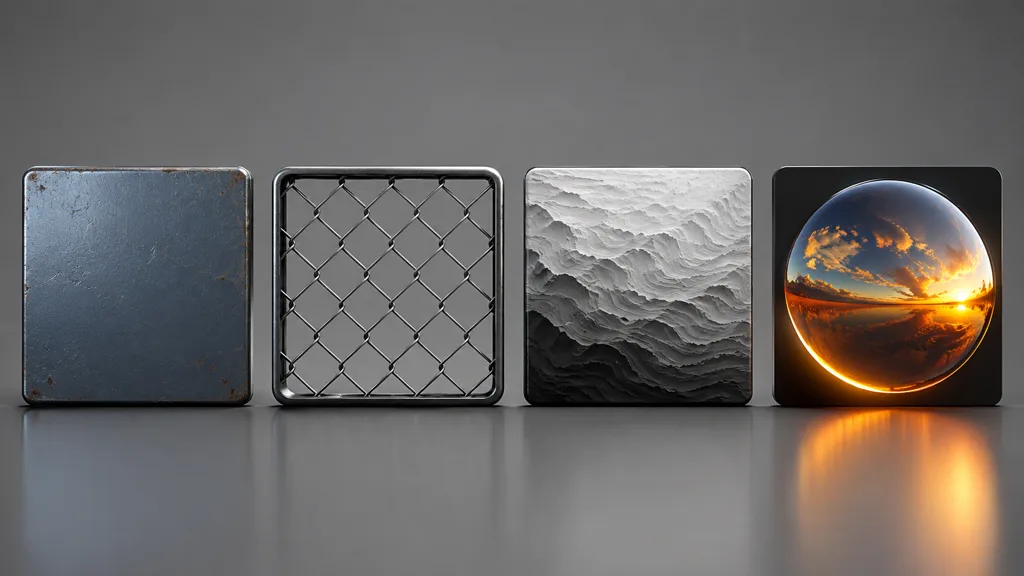 Four texture samples showing opaque painted metal, transparent chain link, grayscale height relief, and an HDR reflection sphere