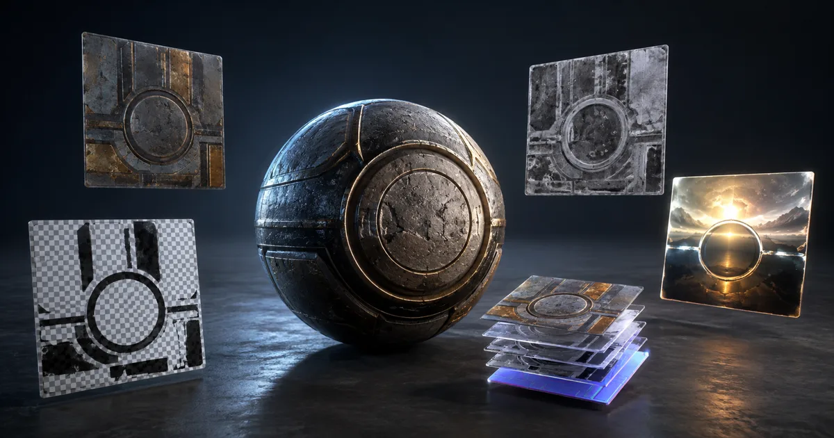 Weathered material sphere surrounded by opaque color, transparent alpha, grayscale data, HDR, and layered texture plates