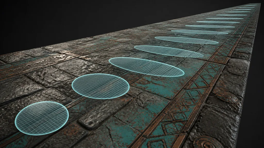 Receding stone and painted-metal plane with sampling footprints stretching from circles into long ellipses