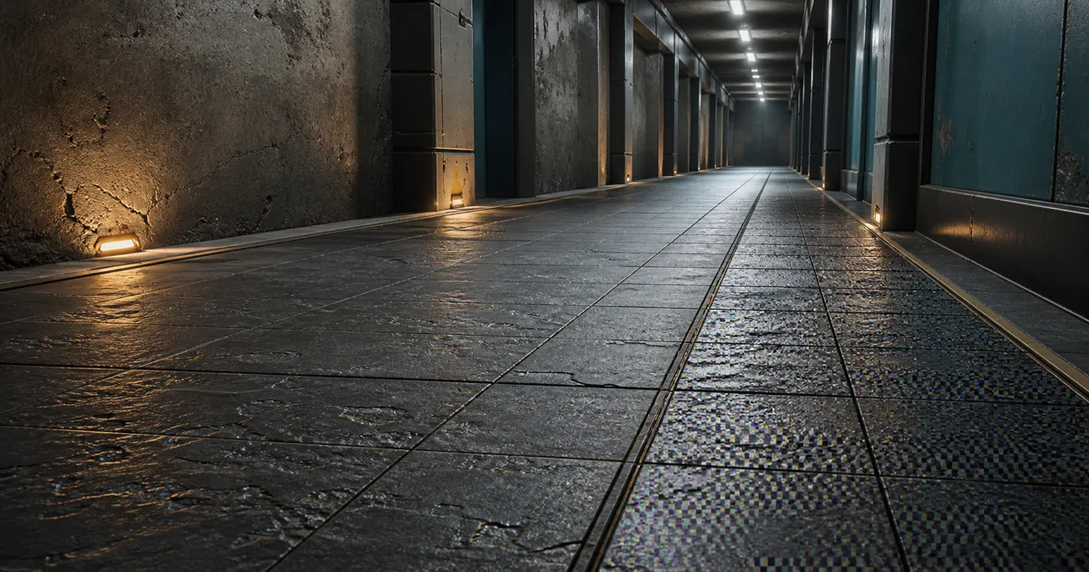 Low industrial corridor with stable stone detail beside a narrow strip of aliased shimmering floor texture