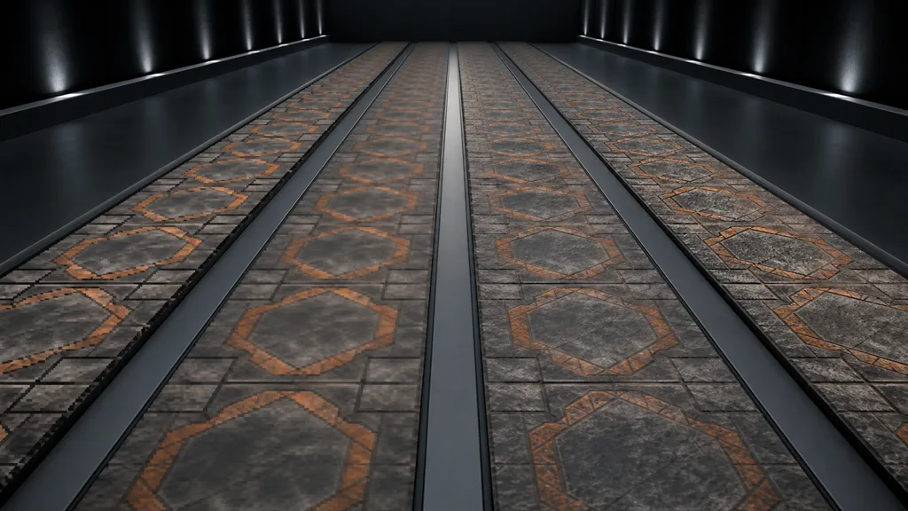 Four matching floor lanes showing pixelated blurred smoothly transitioned and stable oblique texture sampling