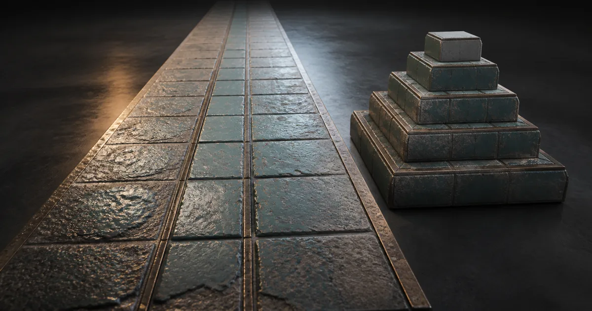 Textured material runway receding beside a stepped pyramid made from progressively simpler surface detail