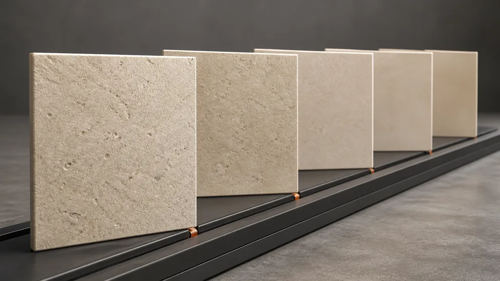 Five limestone panels receding in depth with progressively lower-frequency but coherent surface detail