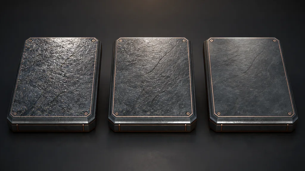 Three matching material slabs showing oversharp, balanced, and overly soft texture detail