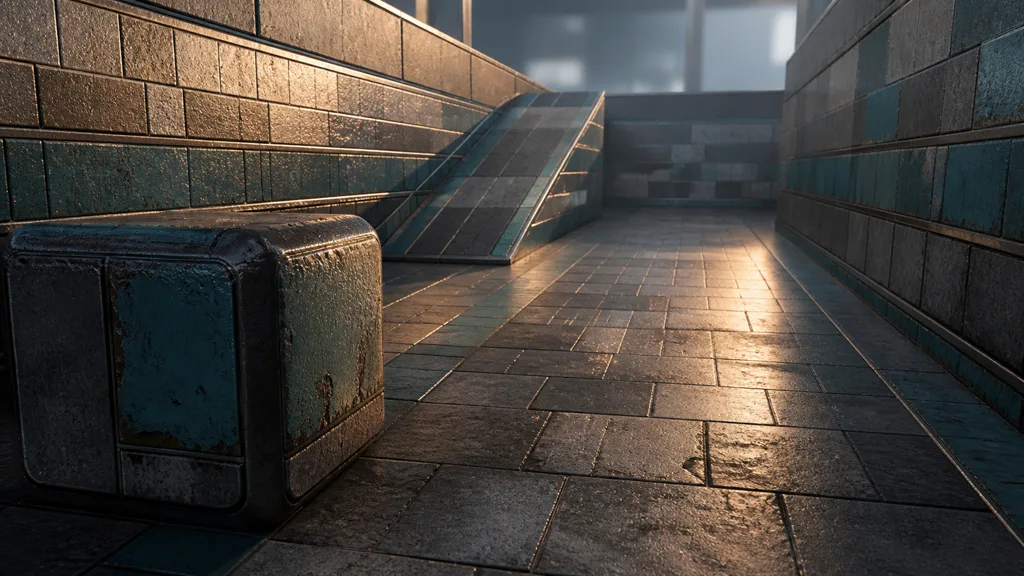 Industrial material test corridor with tiled walls, floor, ramp, nearby beveled block, and distant surfaces under grazing light