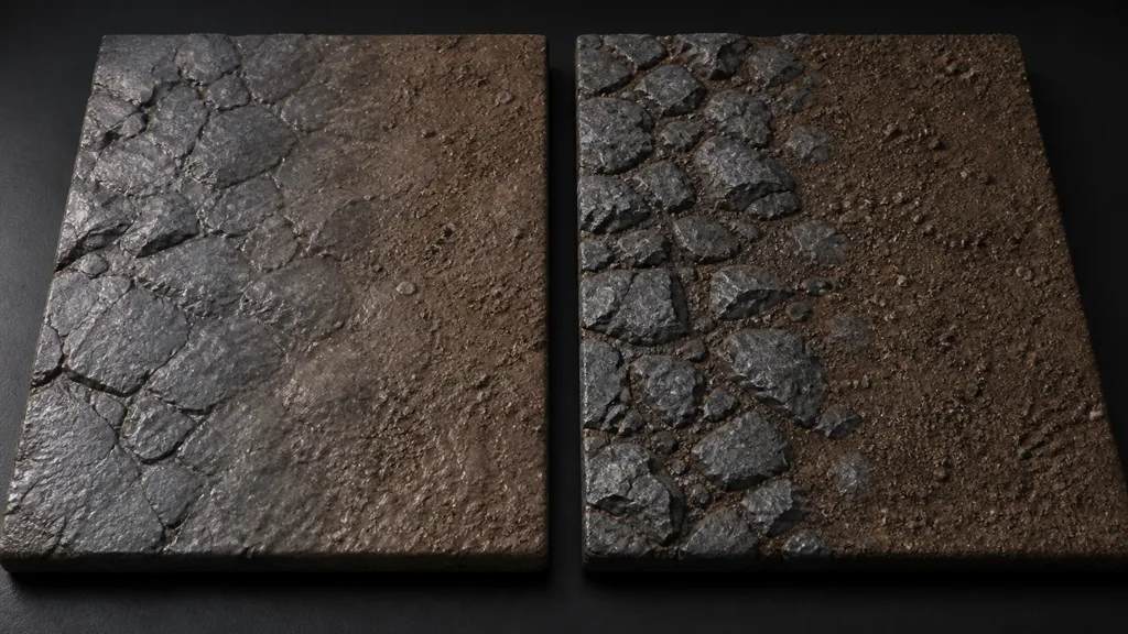 Two rock-to-soil samples comparing a muddy linear crossfade with a crisp height-aware transition