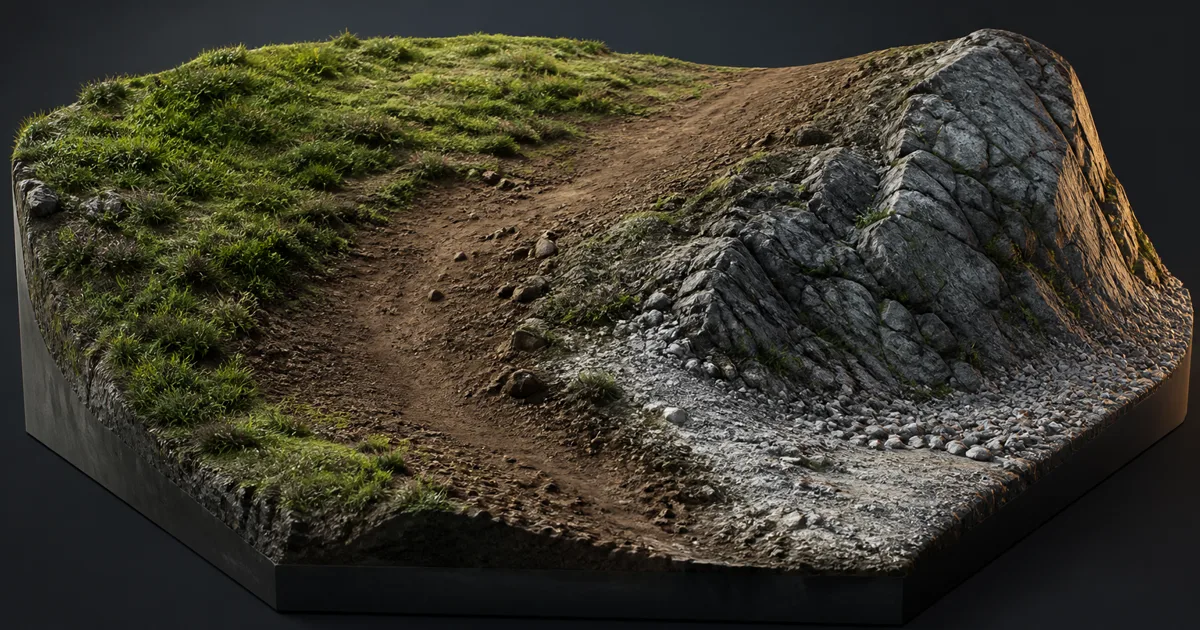 Terrain block blending grass, dirt, fractured rock, and pale gravel across one continuous surface