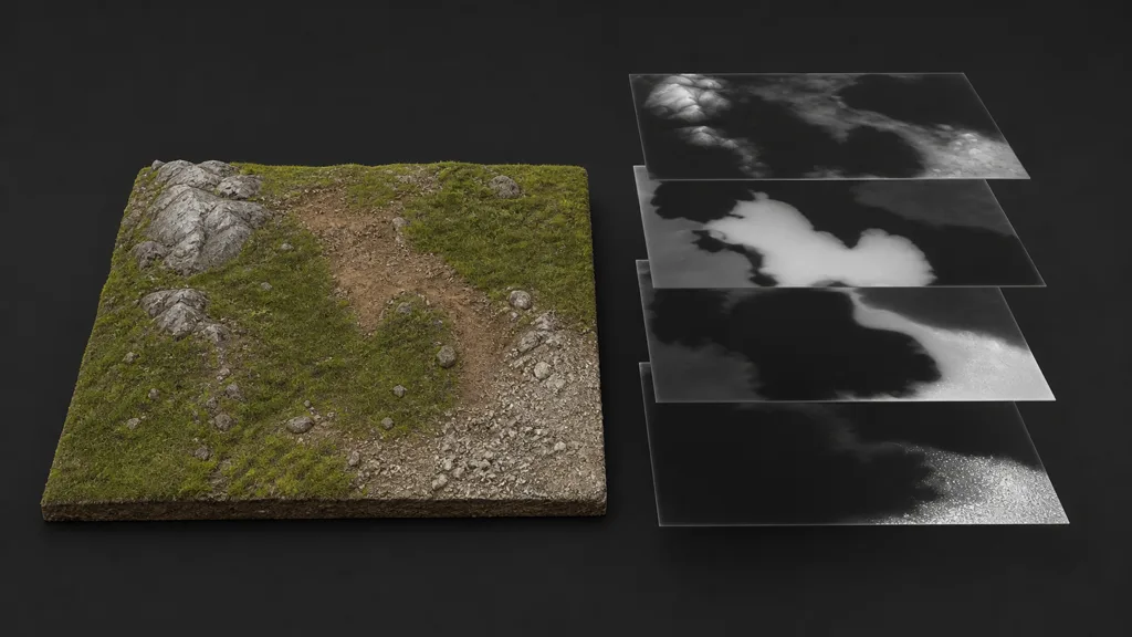 Terrain tile beside four floating grayscale mask sheets whose shapes correspond to material regions