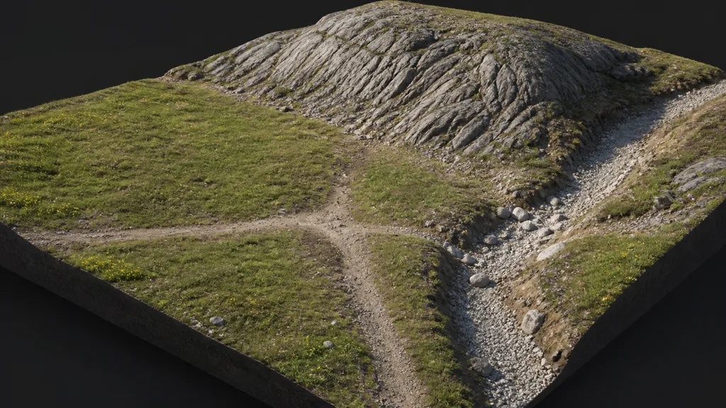 Terrain test range with meadow, rock slope, dirt path junction, and gravel drainage channel