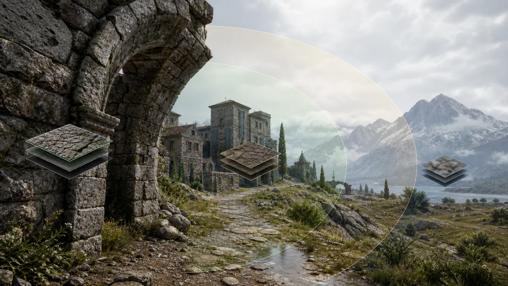 Stone arch, village, and mountains divided into near, middle, and far camera zones with progressively smaller texture layers