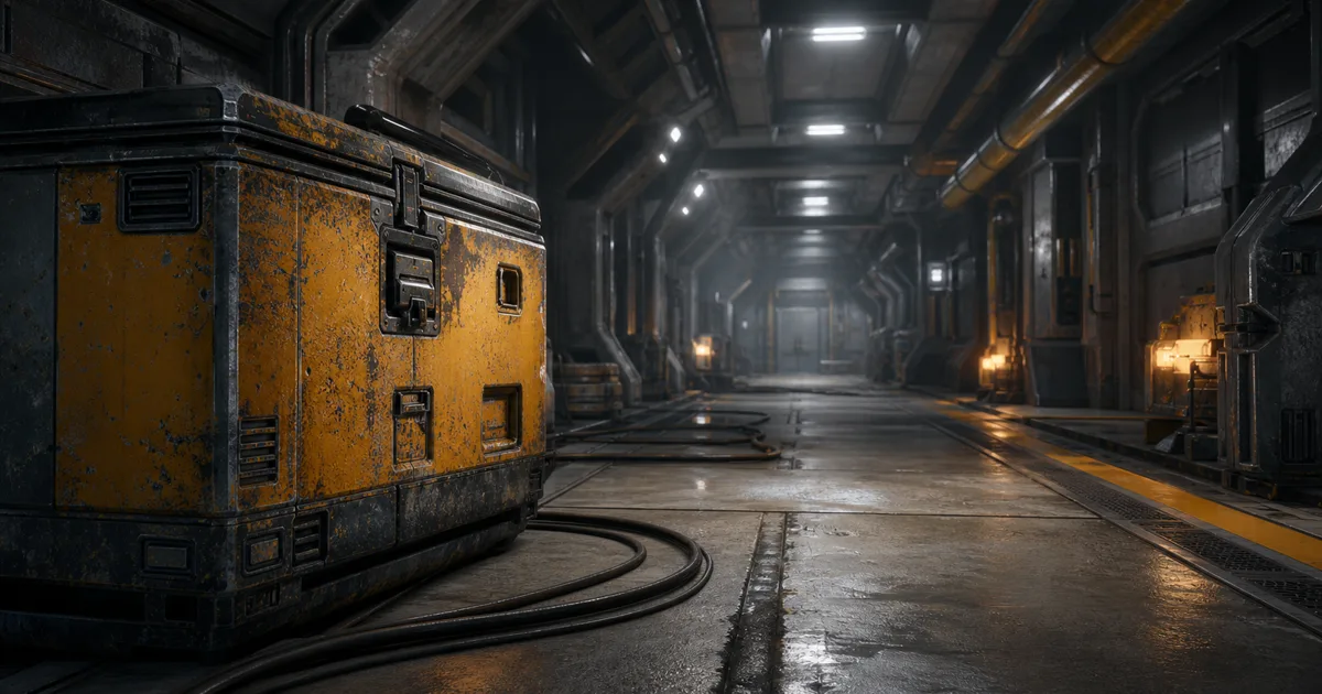 Detailed orange equipment crate in a long industrial corridor with surface detail gradually simplifying into the distance