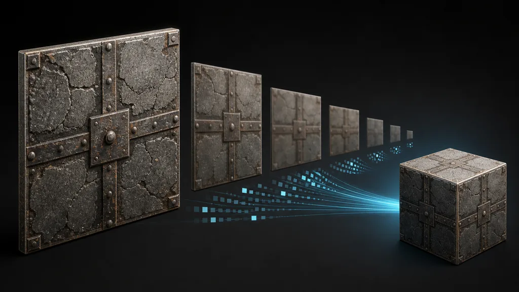 Weathered stone and metal texture shown as a descending chain of progressively smaller mip images feeding a textured cube