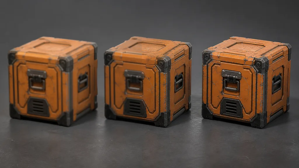 Three orange game crates comparing a blurry mip, a half-sharp streaming transition, and a correctly detailed surface