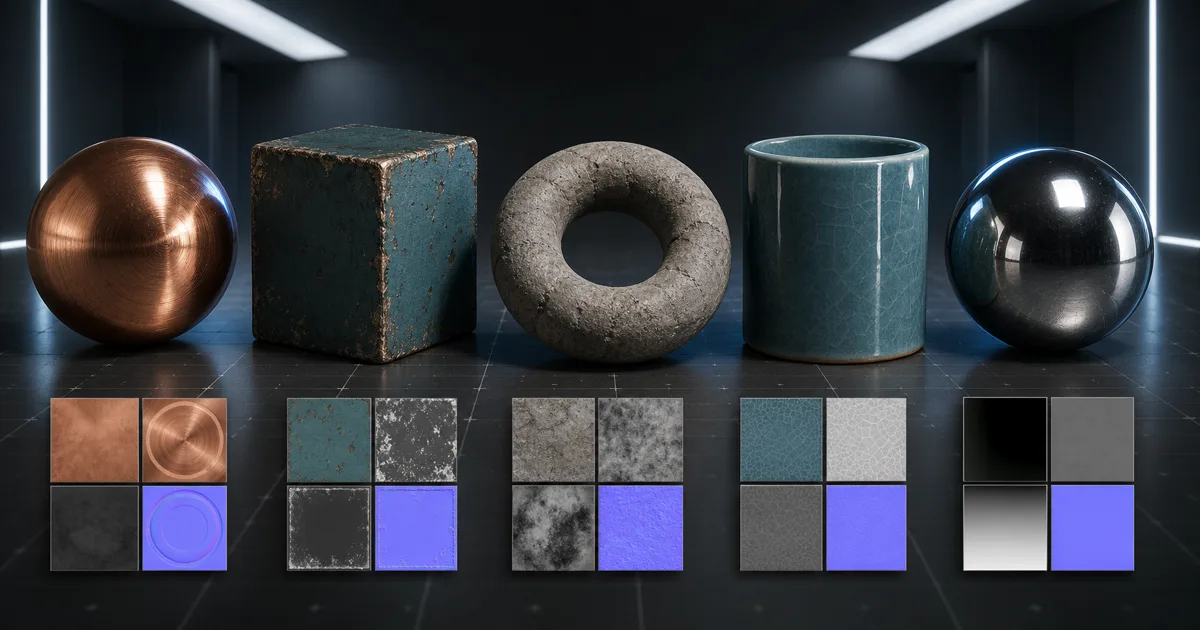 Copper, painted metal, rough stone, glazed ceramic, and polished black Three.js material test objects above matching PBR map samples