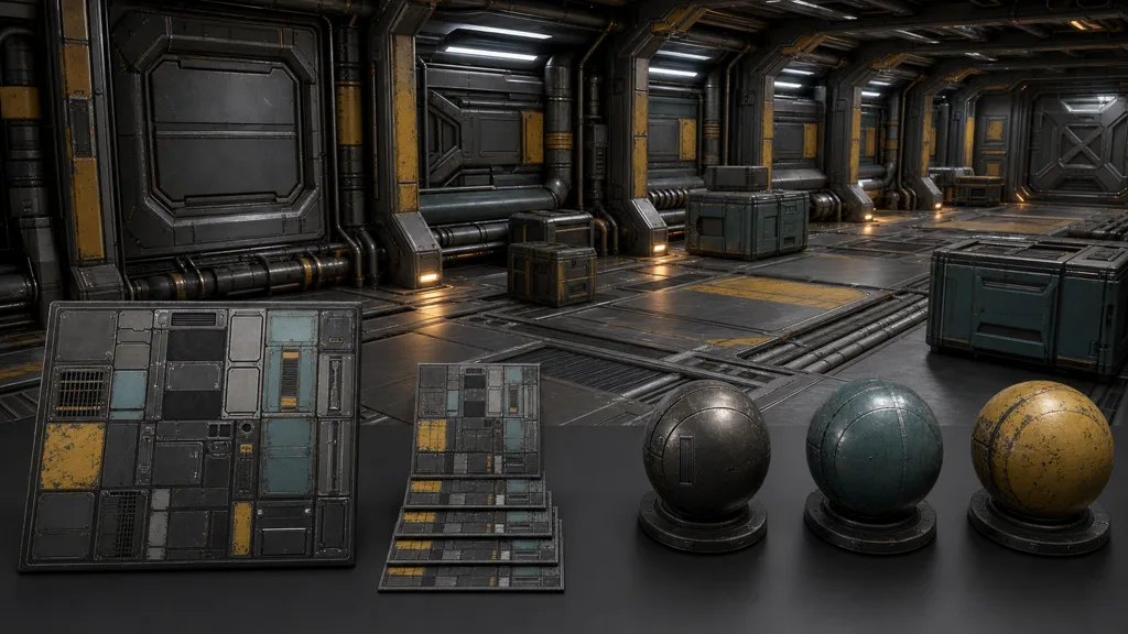 Modular sci-fi corridor reusing graphite, teal, and yellow material families beside a texture atlas, mip tiles, and three shared material spheres